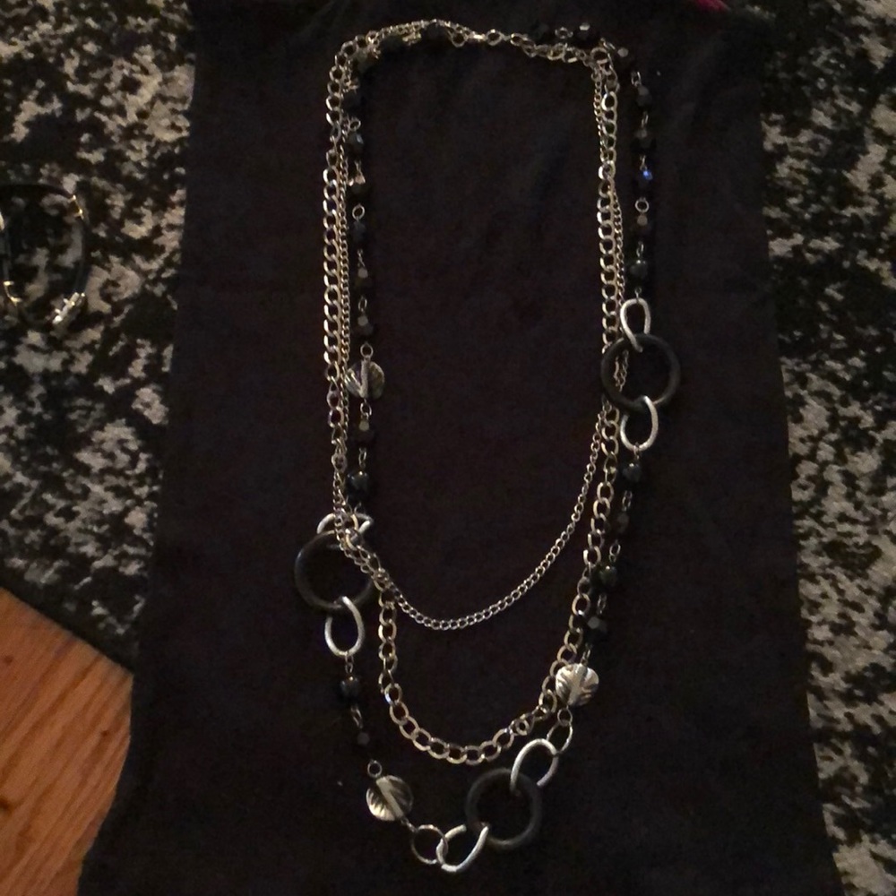 Long Black Silver Chain Layer Necklace New